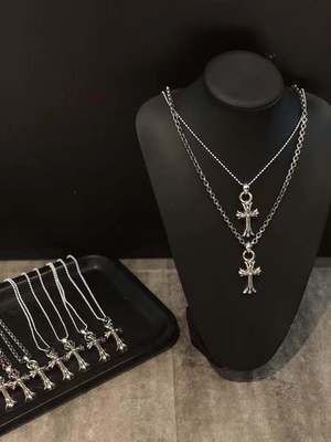 925 Sterling Silver Double-Layer Cross Necklace with Antique Black Plating - Unisex Pendant Necklace