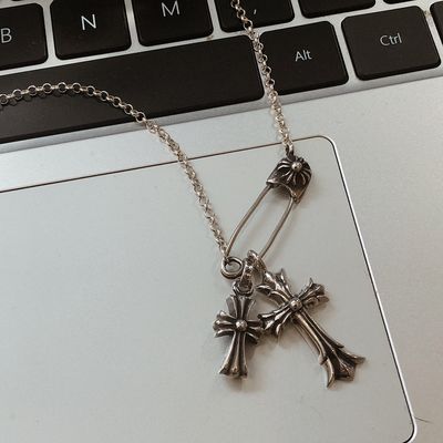 925 Sterling Silver Necklace with Double Cross Pin Pendant - Removable and Adjustable 45-50cm Link Chain