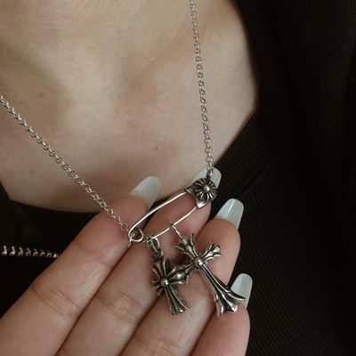 925 Sterling Silver Necklace with Double Cross Pin Pendant - Removable and Adjustable 45-50cm Link Chain