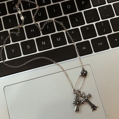 925 Sterling Silver Necklace with Double Cross Pin Pendant - Removable and Adjustable 45-50cm Link Chain