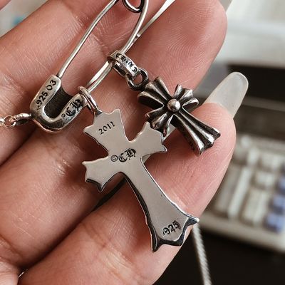 925 Sterling Silver Necklace with Double Cross Pin Pendant - Removable and Adjustable 45-50cm Link Chain