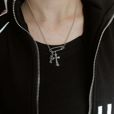 925 Sterling Silver Necklace with Double Cross Pin Pendant - Removable and Adjustable 45-50cm Link Chain