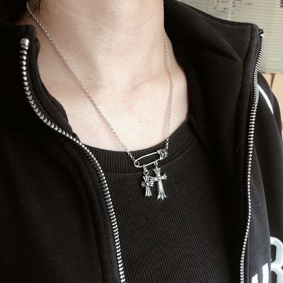 925 Sterling Silver Necklace with Double Cross Pin Pendant - Removable and Adjustable 45-50cm Link Chain