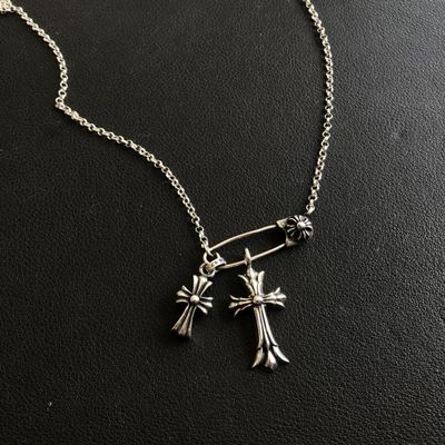 925 Sterling Silver Necklace with Double Cross Pin Pendant - Removable and Adjustable 45-50cm Link Chain
