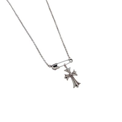 925 Sterling Silver Cross Paperclip Necklace with Antique Finish and Hand-Set Design