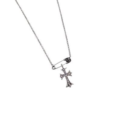 925 Sterling Silver Cross Paperclip Necklace with Antique Finish and Hand-Set Design