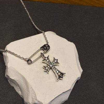 925 Sterling Silver Cross Paperclip Necklace with Antique Finish and Hand-Set Design