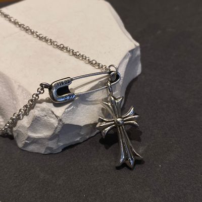 925 Sterling Silver Cross Paperclip Necklace with Antique Finish and Hand-Set Design