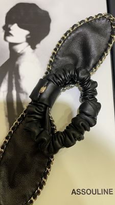 Black Lambskin Hair Band with Brass Chain and Double C Bunny Ears Scrunchy for Daily Wear