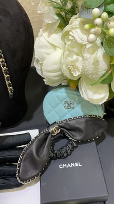 Black Lambskin Hair Band with Brass Chain and Double C Bunny Ears Scrunchy for Daily Wear