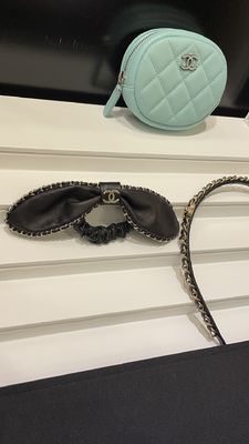 Black Lambskin Hair Band with Brass Chain and Double C Bunny Ears Scrunchy for Daily Wear