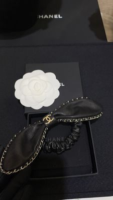Black Lambskin Hair Band with Brass Chain and Double C Bunny Ears Scrunchy for Daily Wear