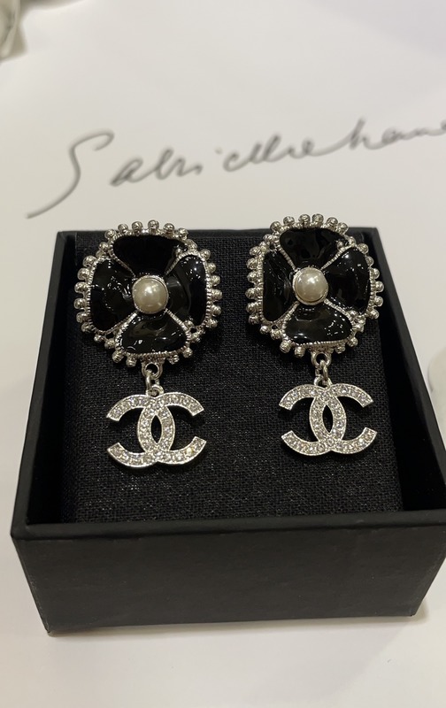 23K Gold Black Enamel Camellia Diamond Double C Drop Earrings