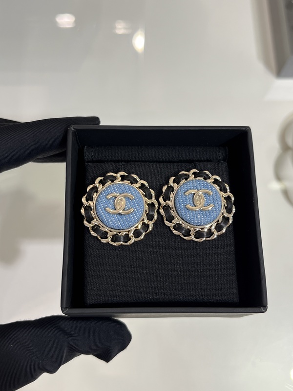 Gold Double C Denim Circle Earrings 18K Plated with Leather Chain