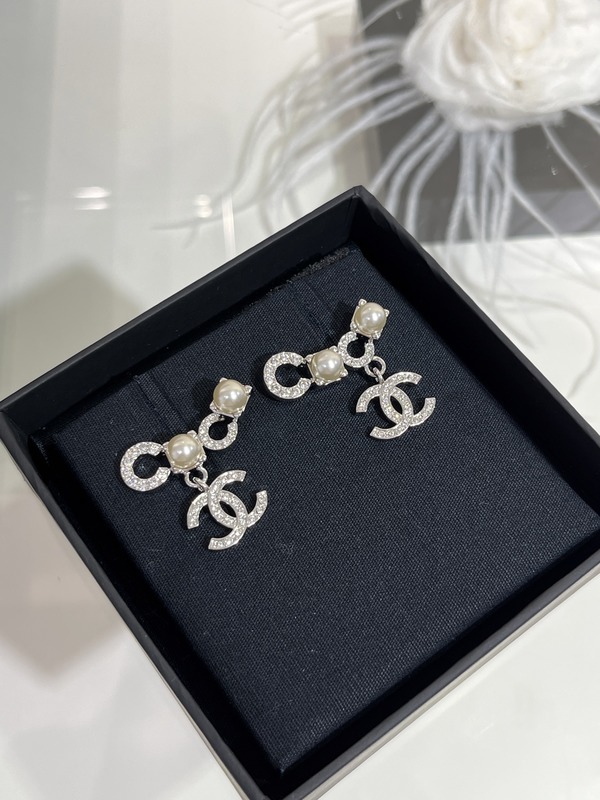 Silver Pearl Crystal Double C Pendant Earrings 18K Gold Plated