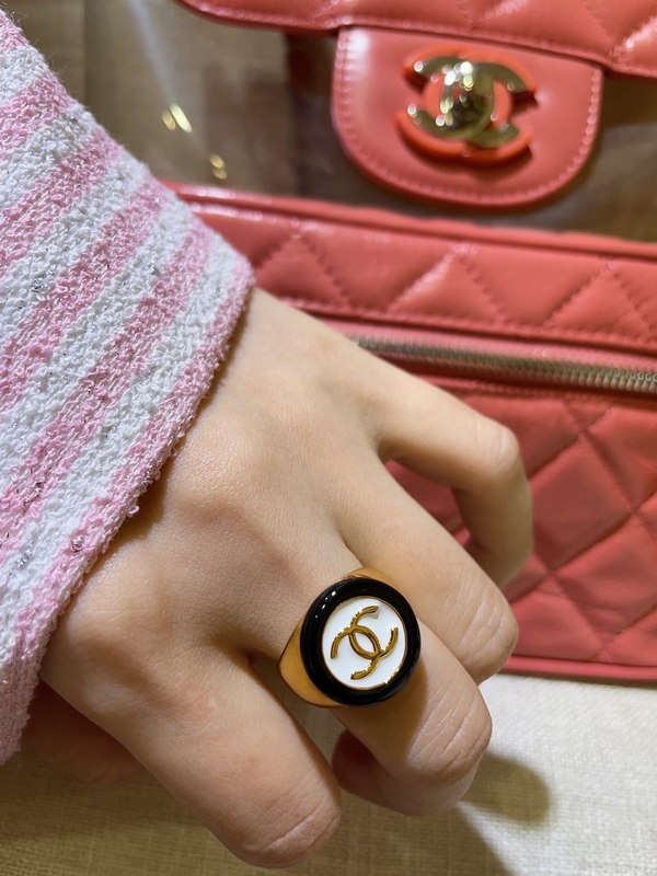 18K Gold Plated Black and White Enamel Panda Ring with Double C Button Design in US Size 6-7-8