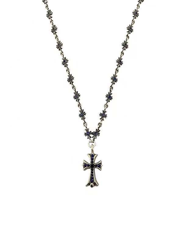925 Silver Necklace with Blue Zirconia Cross Pendant and 55cm Box Chain