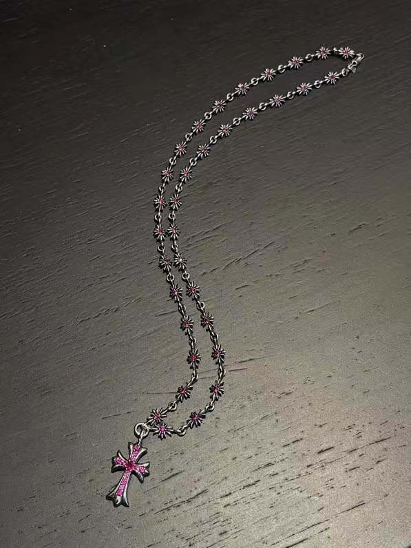 925 Sterling Silver Cross Pendant Necklace with Red Zirconia and 55cm Length