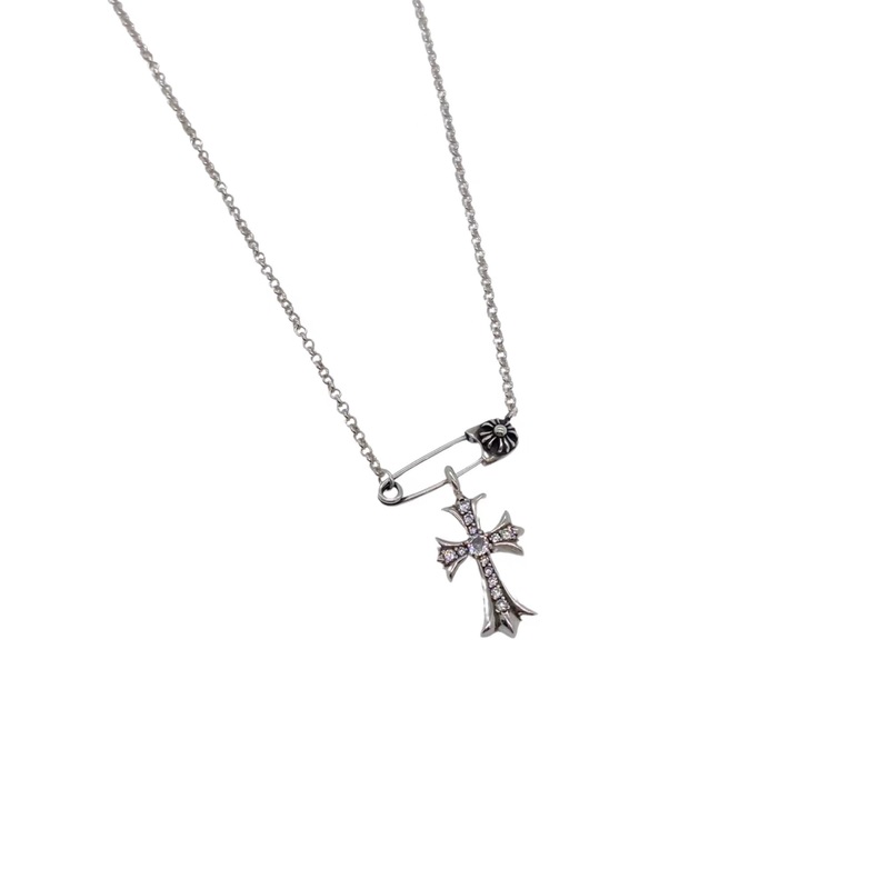 925 Sterling Silver Cross Paperclip Necklace with Antique Finish and Hand-Set Design