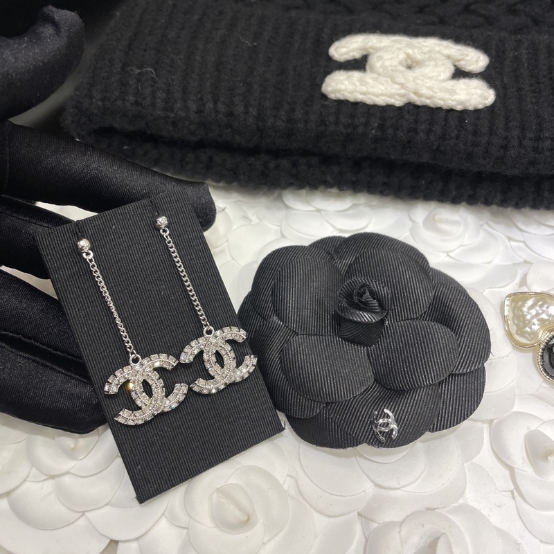 Chanel-style Double-sided Crystal-embellished Stud Earrings with White Swarovski Pearl in Long Design