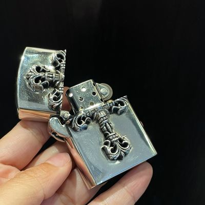 Quality 110g 925 Silver Lighter Antique Silver Cigarette Lighter With Classic Flame Cross Design factory