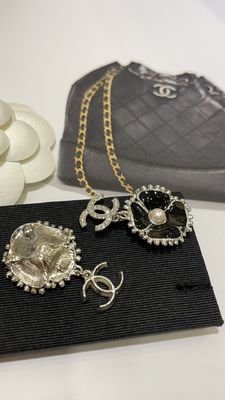 Quality 23K Gold Black Enamel Camellia Diamond Double C Drop Earrings factory