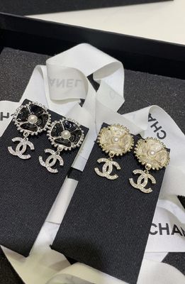 Quality 23K Gold Black Enamel Camellia Diamond Double C Drop Earrings factory