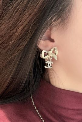 Quality 24K Gold Bow Silver Full-Diamond Double C Earrings 10mm factory