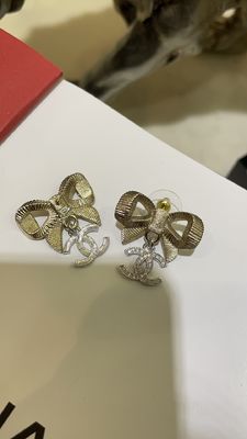 Quality 24K Gold Bow Silver Full-Diamond Double C Earrings 10mm factory