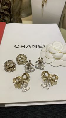 Quality 24K Gold Bow Silver Full-Diamond Double C Earrings 10mm factory