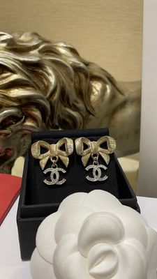 Quality 24K Gold Bow Silver Full-Diamond Double C Earrings 10mm factory