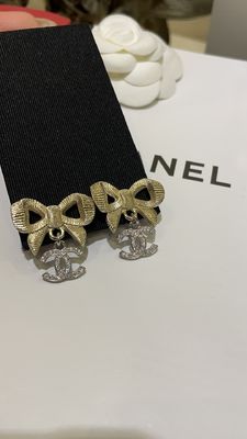 Quality 24K Gold Bow Silver Full-Diamond Double C Earrings 10mm factory