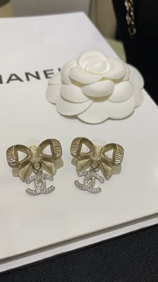 Quality 24K Gold Bow Silver Full-Diamond Double C Earrings 10mm factory