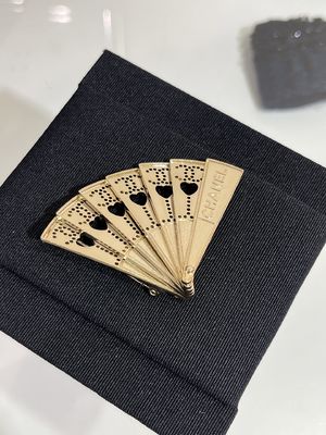 Handmade Brass Fan Brooch with Swarovsk* Diamond and Light Yellow Gold Finish - Elegant Double C Openwork Design