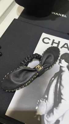 Black Lambskin Hair Band with Brass Chain and Double C Bunny Ears Scrunchy for Daily Wear