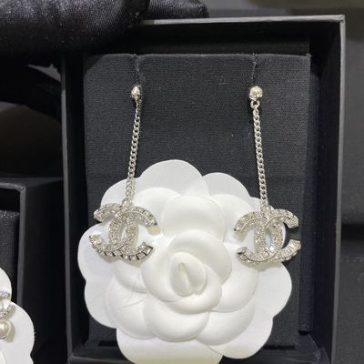 Quality Chanel-style Double-sided Crystal-embellished Stud Earrings with White Swarovski Pearl in Long Design factory