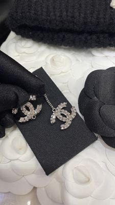 Quality Chanel-style Double-sided Crystal-embellished Stud Earrings with White Swarovski Pearl in Long Design factory